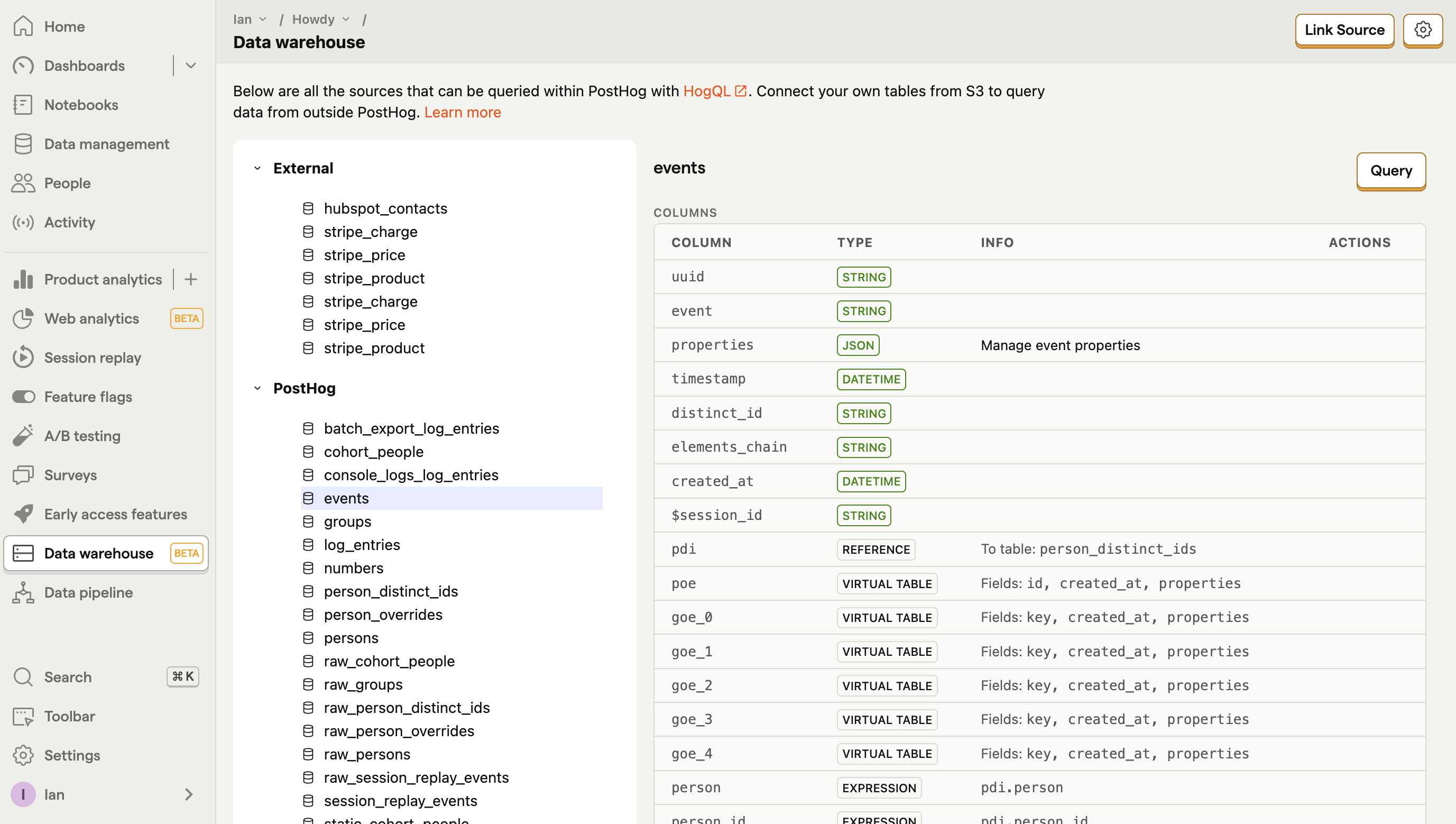 Data warehouse tab in PostHog app